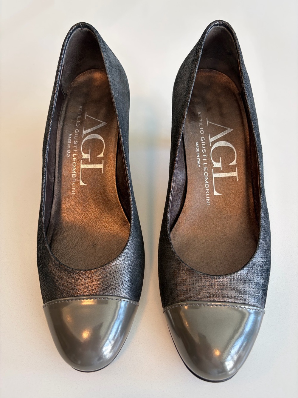 AGL Women's Charcoal Gray Pumps with Glossy Gray Cap Toe